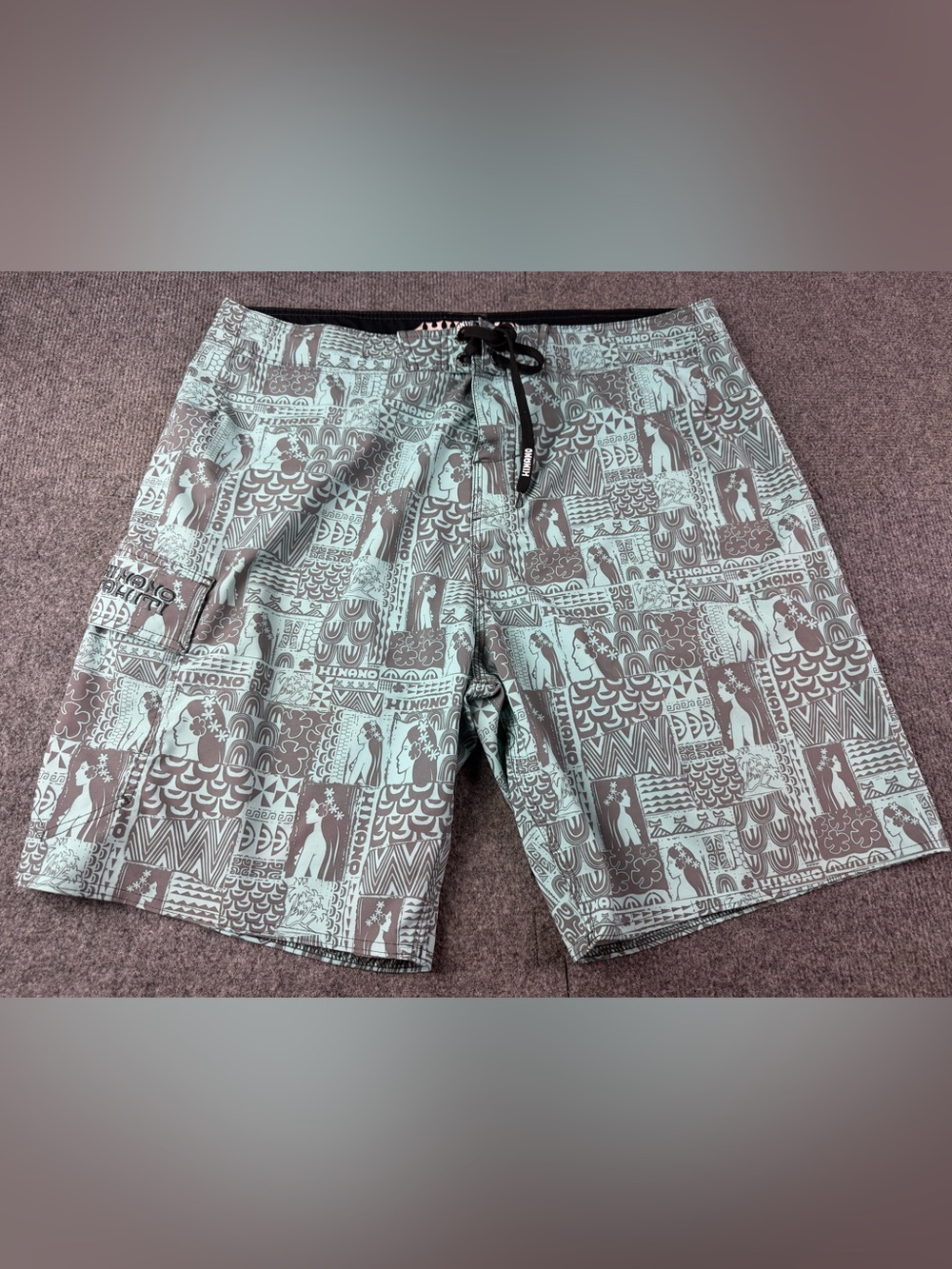 Hinano Tahiti Mens Drawstring Embroidered Logo Tribal Print Boardshorts Size 38